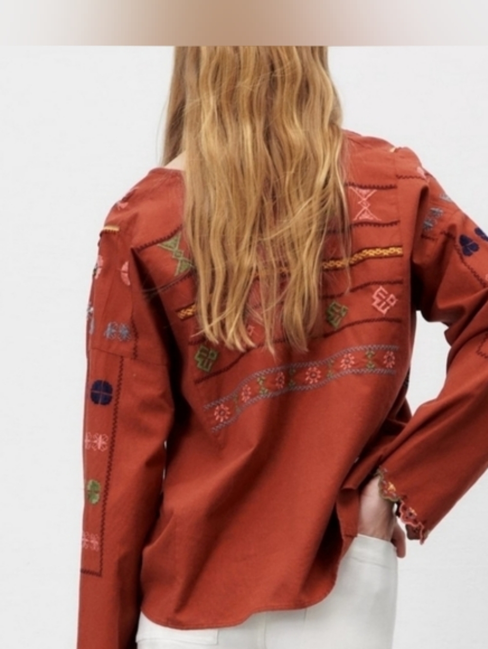 Zara Linen Bkend Burnt Orange Embroidered Tassel Shirt - Picture 5 of 8